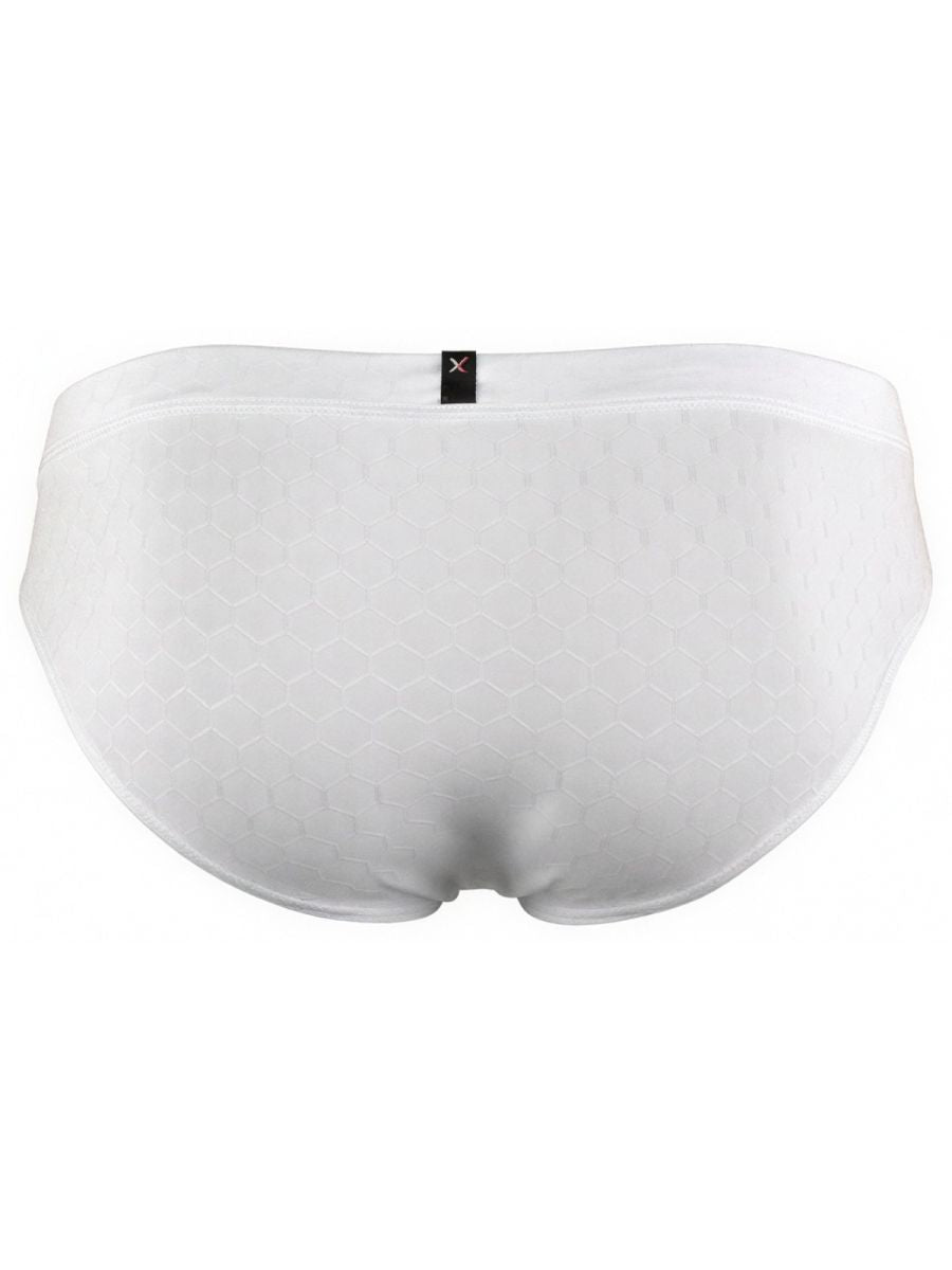 Xtremen white brief with a subtle embossed honeycomb pattern and a small brand logo tag at the center back.