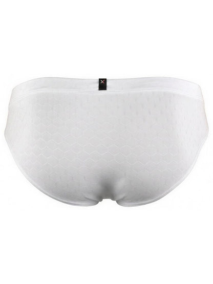 Xtremen white brief with a subtle embossed honeycomb pattern and a small brand logo tag at the center back.