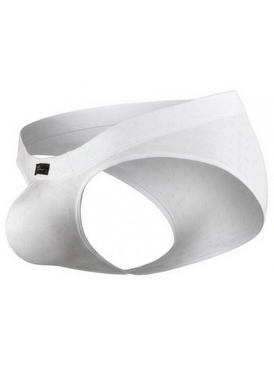Xtremen white jockstrap with a subtle honeycomb-textured fabric and a branded tag on the waistband.