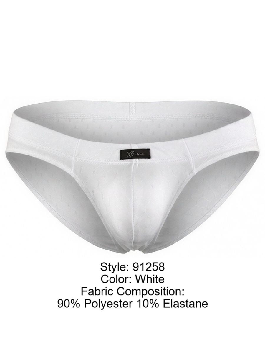 Xtremen white brief with a subtle textured pattern, smooth fabric sheen, and a center brand logo patch.
