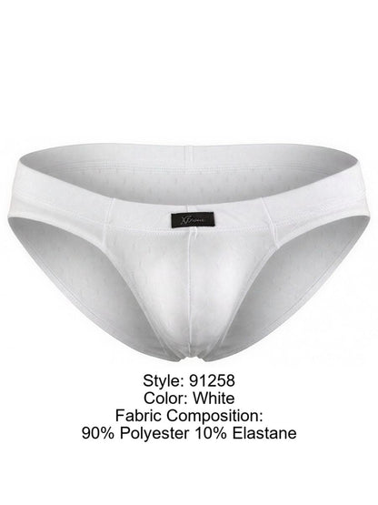 Xtremen white brief with a subtle textured pattern, smooth fabric sheen, and a center brand logo patch.