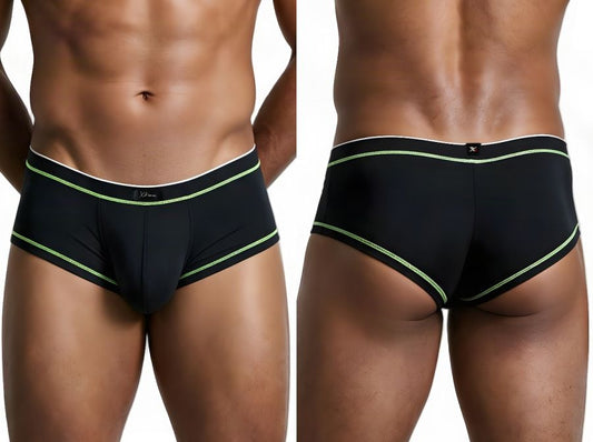 Front and back views of a man wearing black microfiber briefs with lime green stitching.