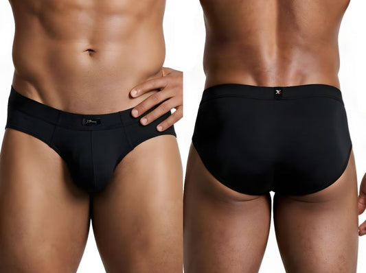 Front and back views of a man wearing black sleek fit briefs.