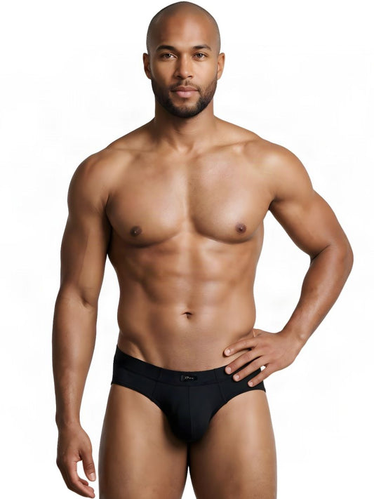 An athletic man modeling black microfiber sleek fit briefs facing forward.