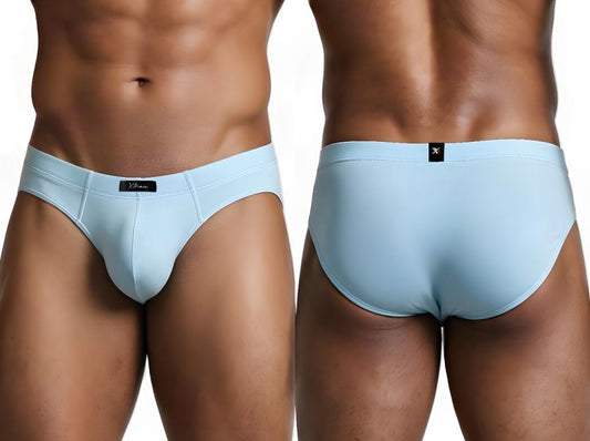 Front and back views of light blue men's microfiber sleek fit briefs on a model.