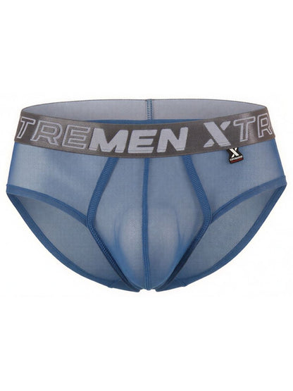 Xtremen blue sheer mesh brief with a contoured pouch and branded elastic waistband.