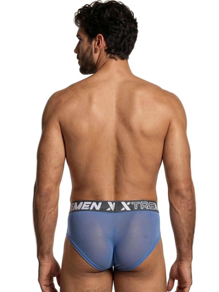 Xtremen men’s blue bikini brief with a sheer mesh fabric and branded elastic waistband, seen from behind.