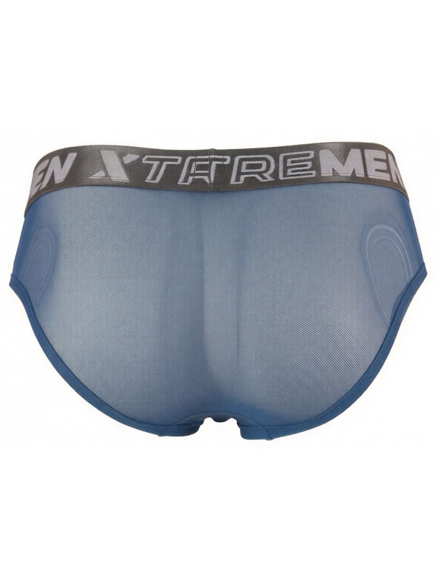 Xtremen blue mesh brief with a grey logo waistband and sheer, form-fitting fabric.