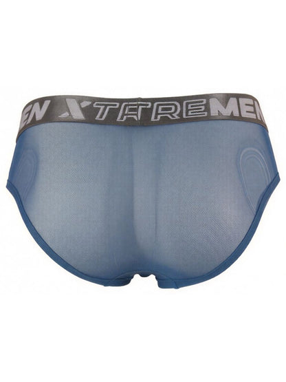 Xtremen blue mesh brief with a grey logo waistband and sheer, form-fitting fabric.