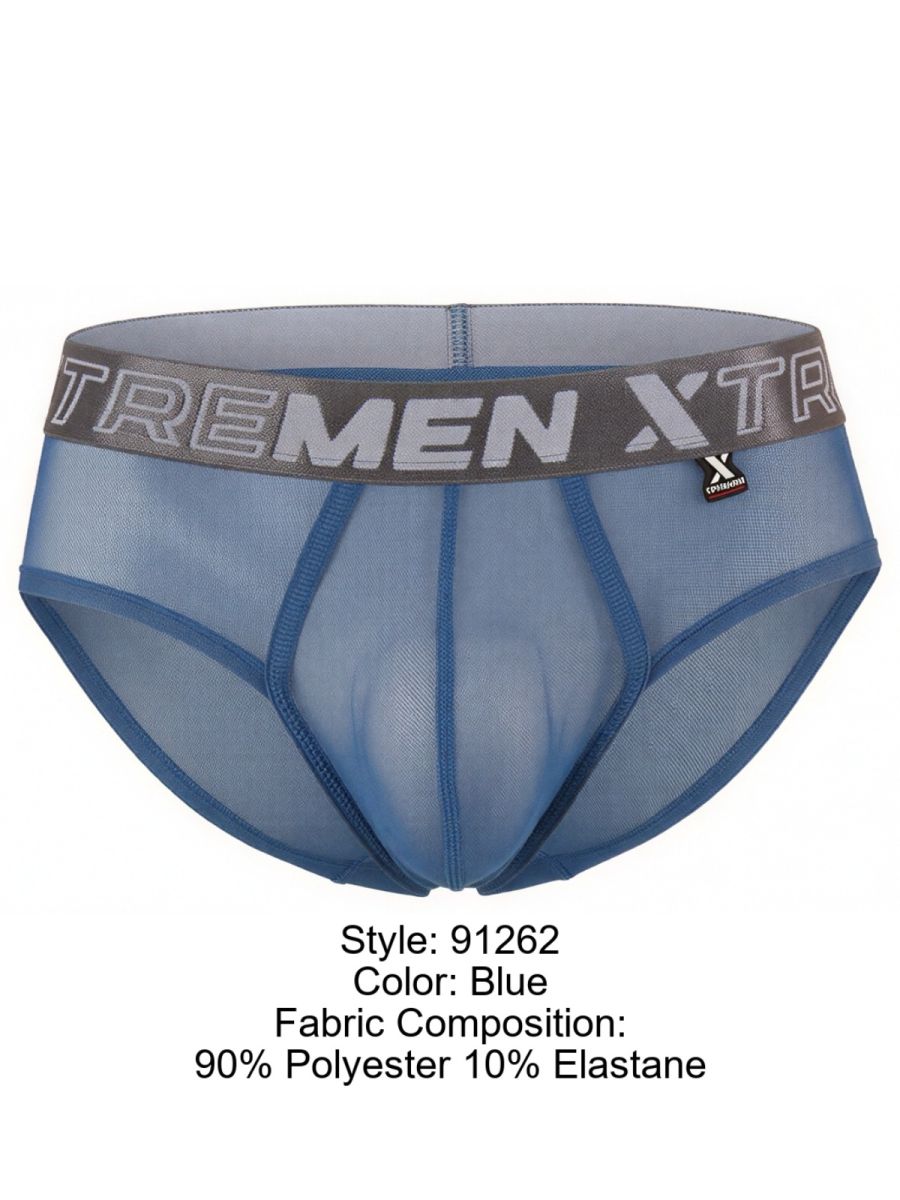 Blue Xtremen mesh brief with a grey logo waistband, athletic fit, and structured contour pouch.