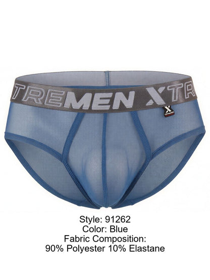 Blue Xtremen mesh brief with a grey logo waistband, athletic fit, and structured contour pouch.