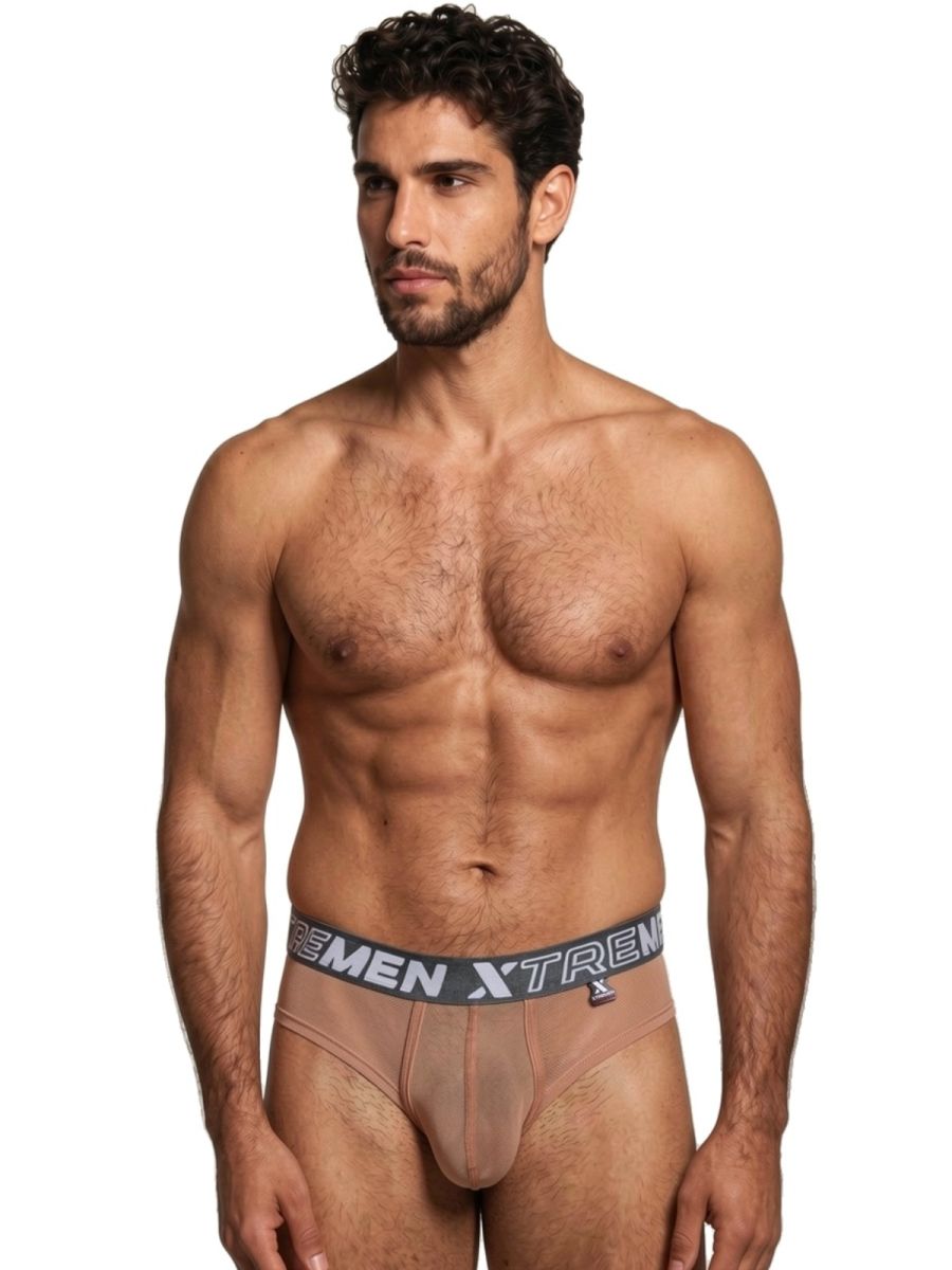 Xtremen tan bikini brief in sheer, lightweight fabric with a branded gray elastic waistband and form-fitting pouch.