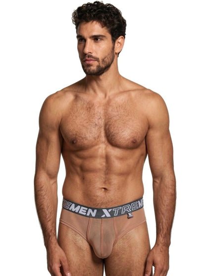 Xtremen tan bikini brief in sheer, lightweight fabric with a branded gray elastic waistband and form-fitting pouch.