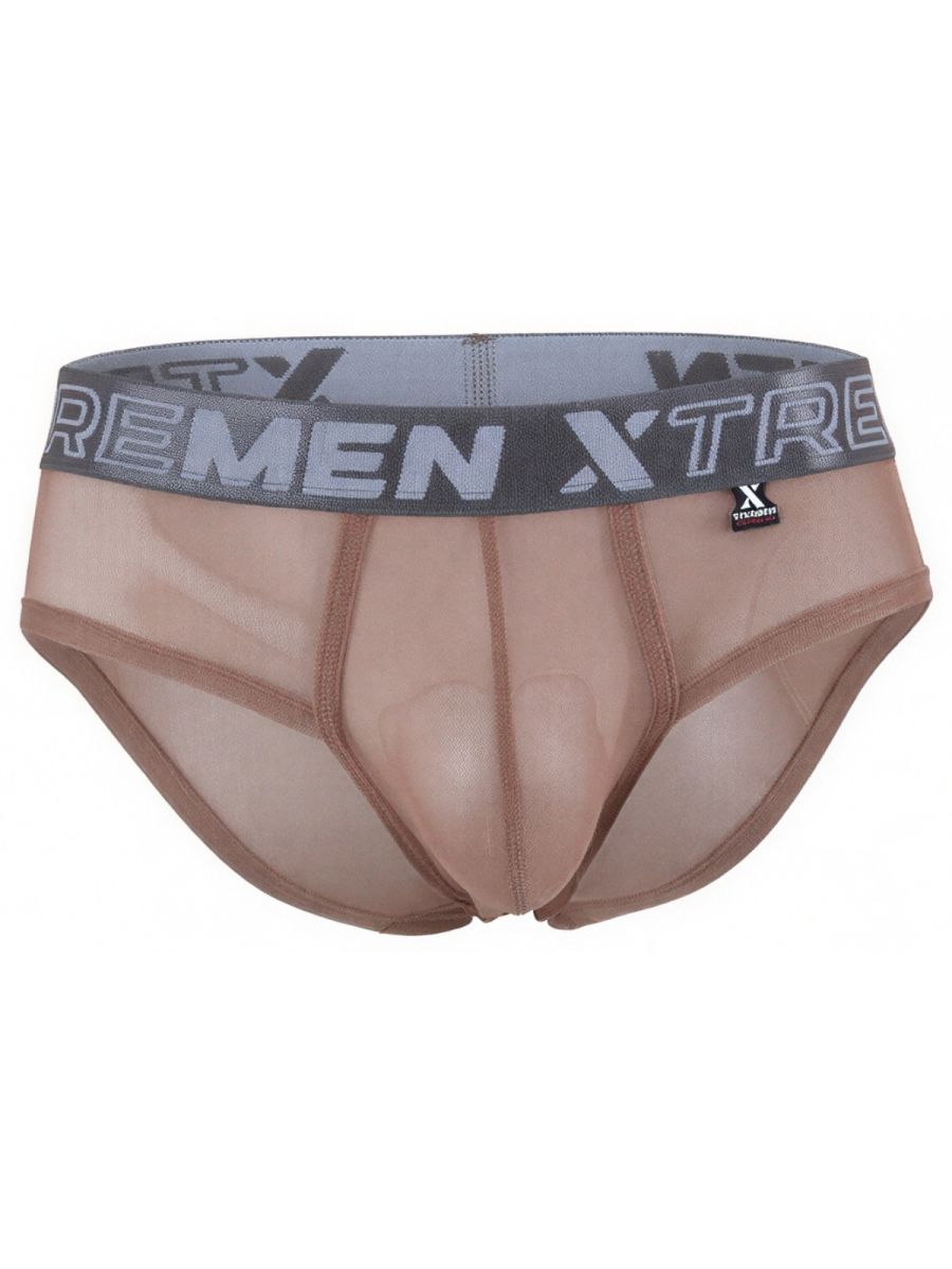 Xtremen sheer brown bikini brief with a contoured pouch and wide grey logo waistband.