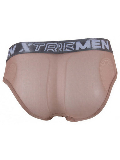 Xtremen beige sheer fabric brief with a grey branded elastic waistband, featuring a form-fitting, molded rear design.