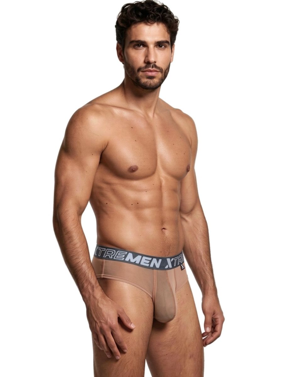 Xtremen beige brief with a sheer, form-fitting fabric and grey branded elastic waistband.