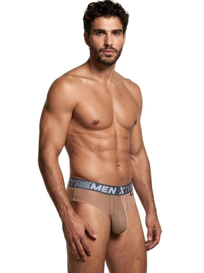 Xtremen beige brief with a sheer, form-fitting fabric and grey branded elastic waistband.