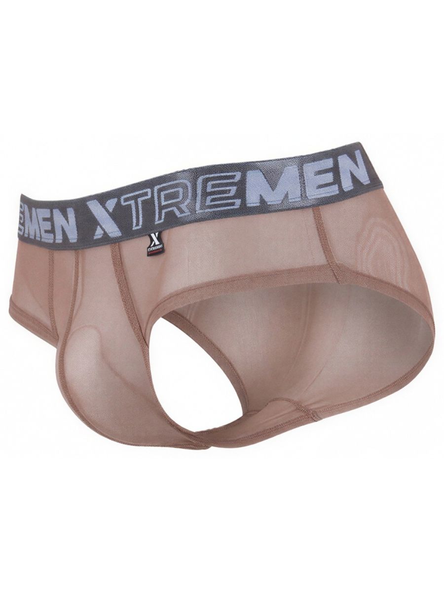 Xtremen beige sheer mesh bikini brief with a grey logo waistband and contoured pouch.