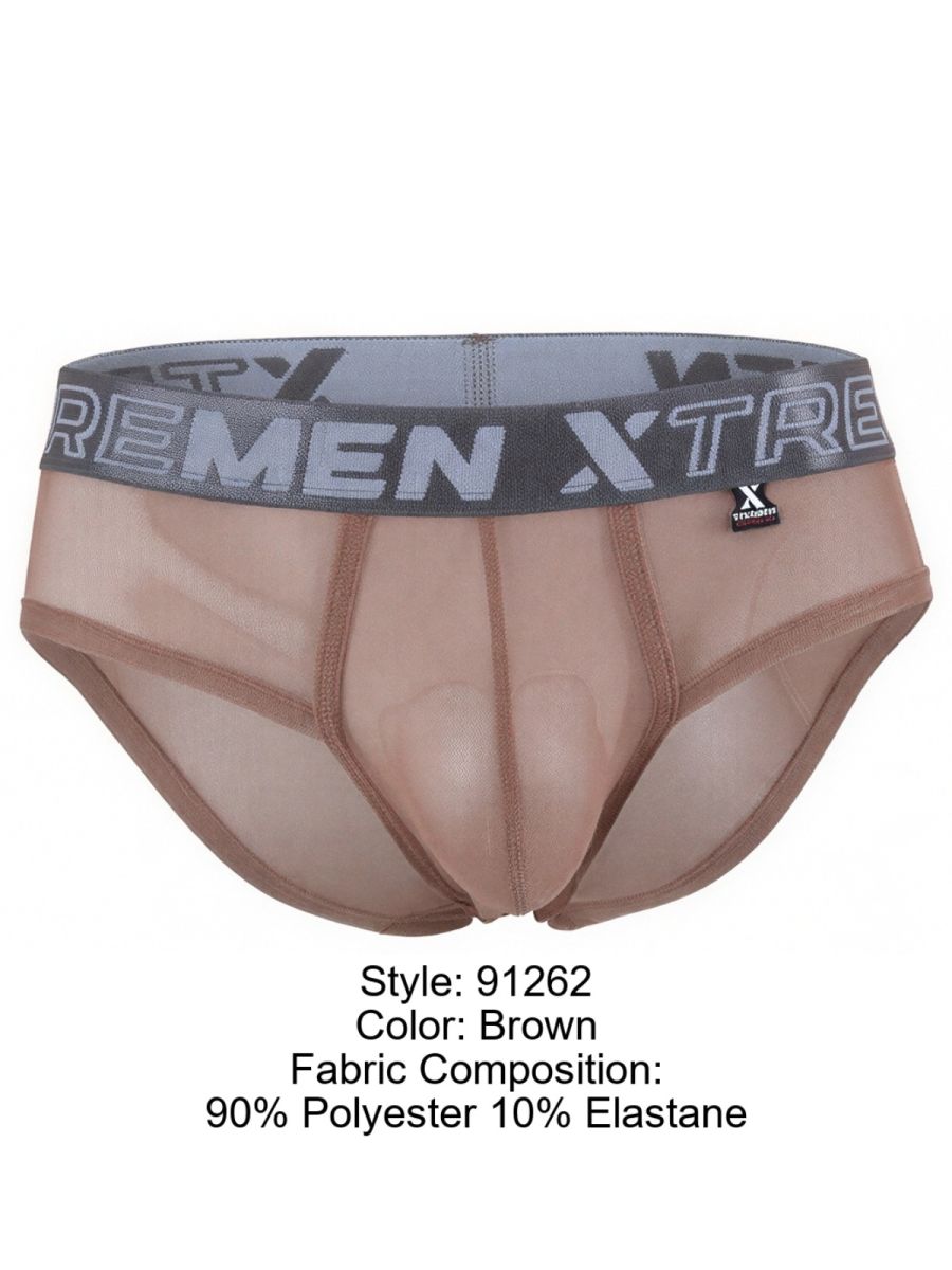 Xtremen brown sheer brief with a grey logo waistband, contour pouch, and semi-transparent fabric.