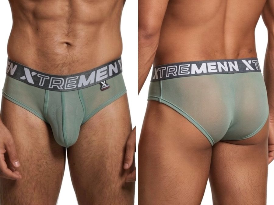Xtremen sage green sheer bikini brief with a grey branded elastic waistband, shown from front and back views.