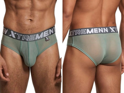 Xtremen sage green sheer bikini brief with a grey branded elastic waistband, shown from front and back views.