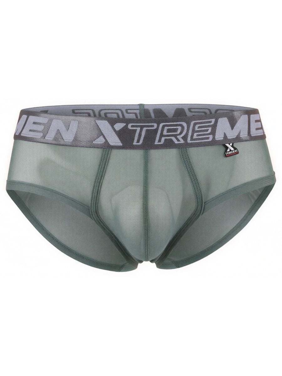Xtremen sage green sheer bikini brief with a grey logo waistband and fitted contoured pouch.