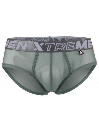Xtremen sage green sheer bikini brief with a grey logo waistband and fitted contoured pouch.