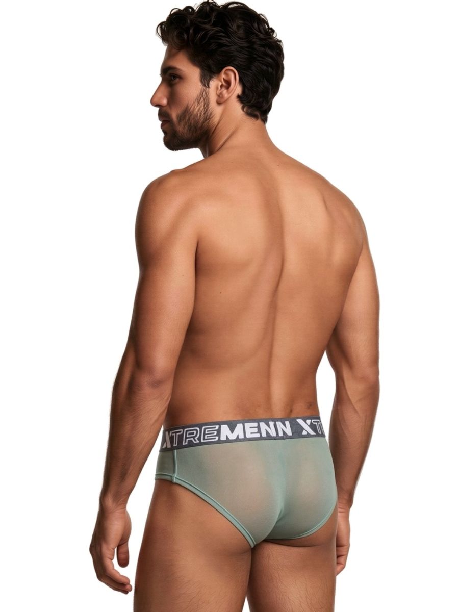 Xtremen sage green sheer bikini brief with a grey branded elastic waistband on a fit male model.