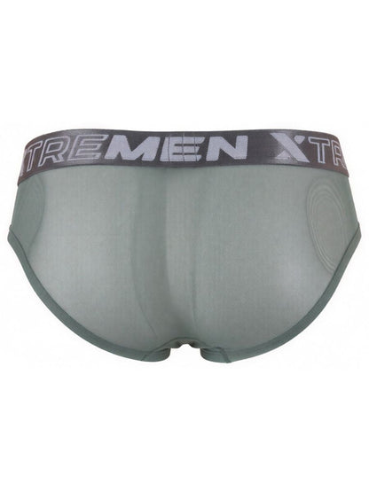 Xtremen olive green sheer brief with a branded elastic waistband and form-fitting design.
