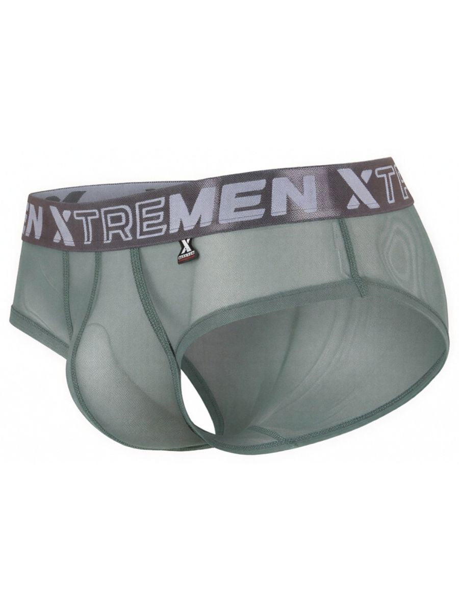 Xtremen olive green semi-sheer bikini brief with a logo waistband and athletic contour pouch.