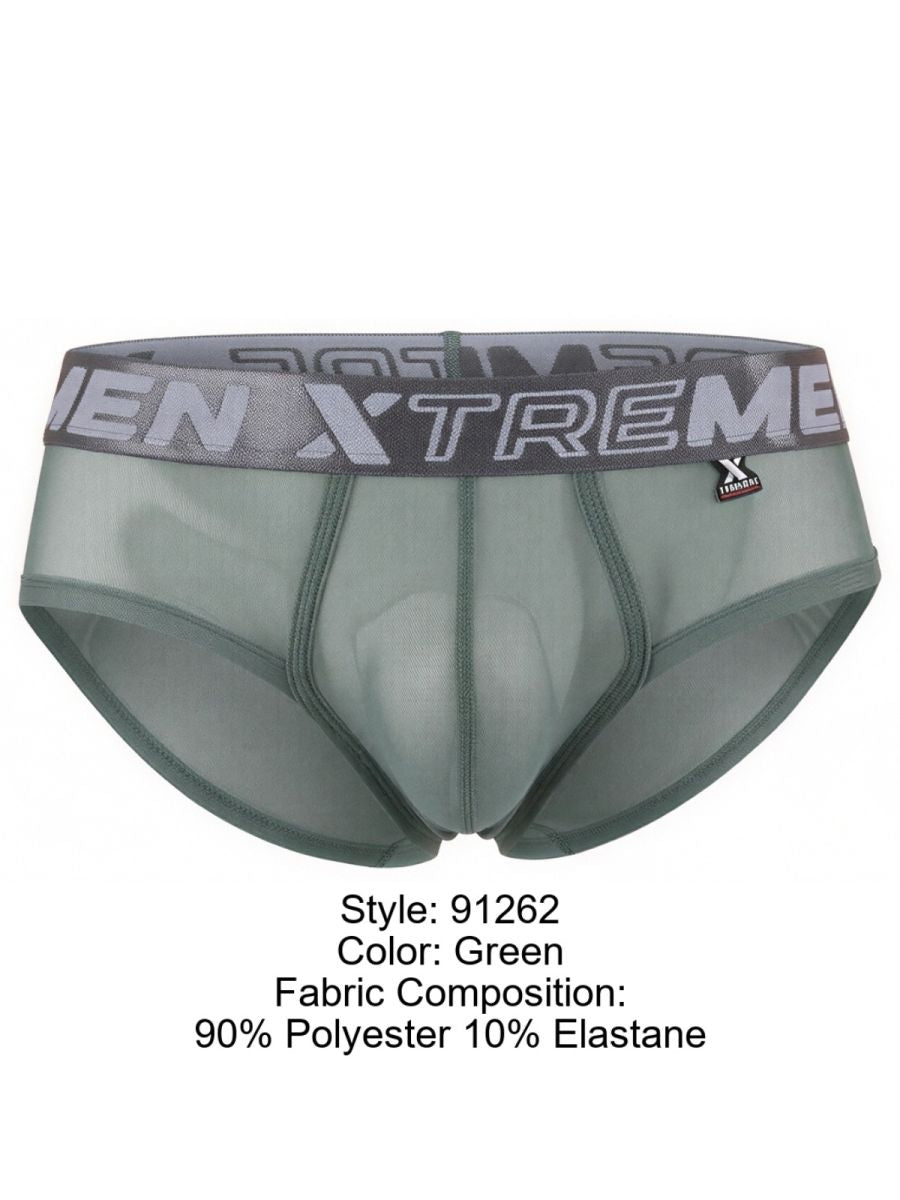 Xtremen green sheer mesh brief with a branded grey elastic waistband and contoured front pouch.