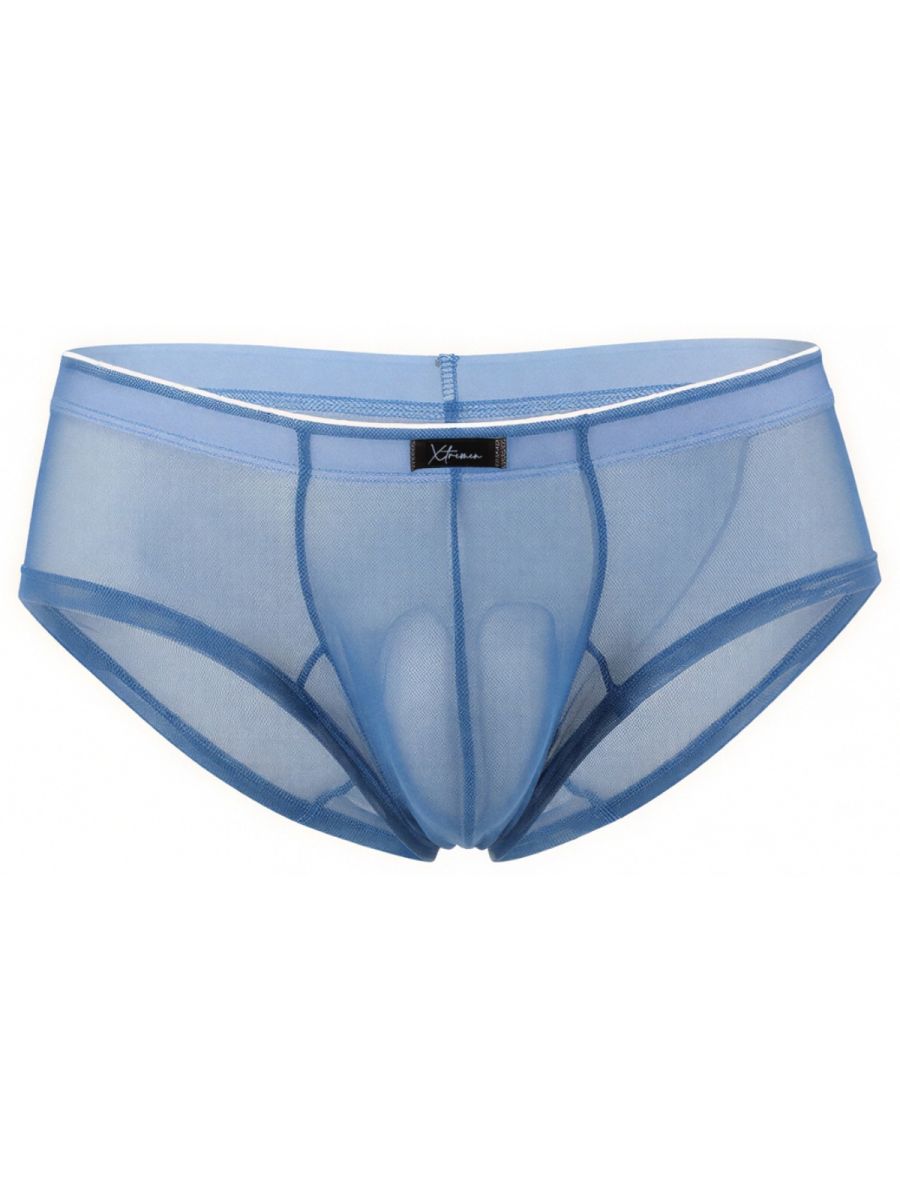 Xtremen sheer blue bikini brief with a contoured pouch and white-trimmed waistband.
