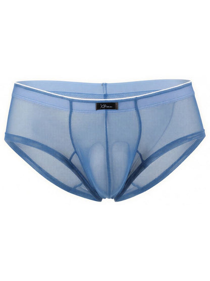 Xtremen sheer blue bikini brief with a contoured pouch and white-trimmed waistband.