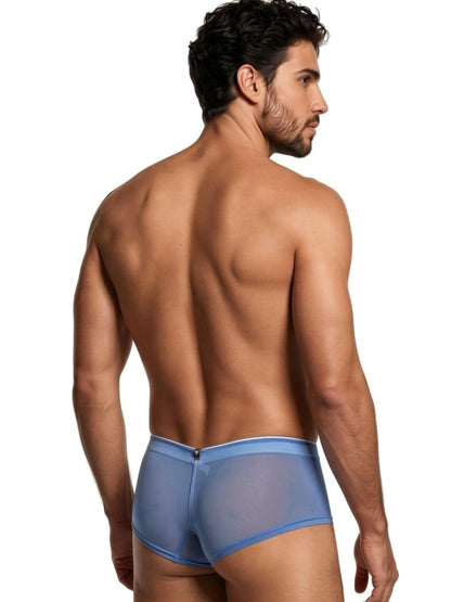 Xtremen blue sheer bikini brief with a smooth, semi-transparent fabric and form-fitting cut on a male model.