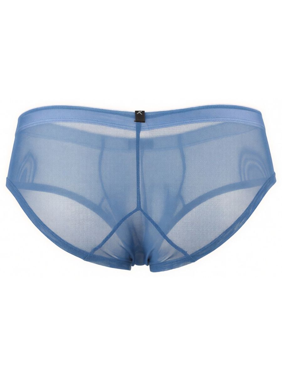 Xtremen blue sheer mesh bikini brief with a minimalist waistband and center back logo tag.