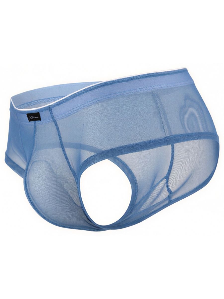 Xtremen blue mesh bikini brief with a white-trimmed elastic waistband and a sleek, transparent fit.