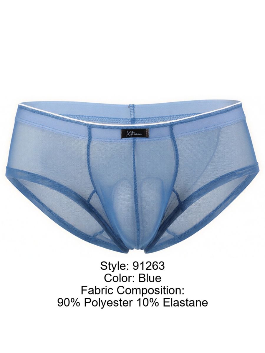 Xtremen blue sheer mesh bikini brief with a fitted pouch and white-trimmed waistband.