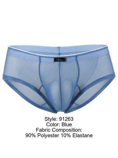 Xtremen blue sheer mesh bikini brief with a fitted pouch and white-trimmed waistband.