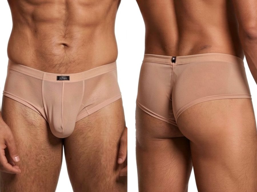 Xtremen beige sheer mesh bikini briefs. Form-fitting design with a front center brand logo patch.