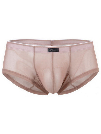 Xtremen beige sheer mesh brief with a contoured pouch and elastic waistband.