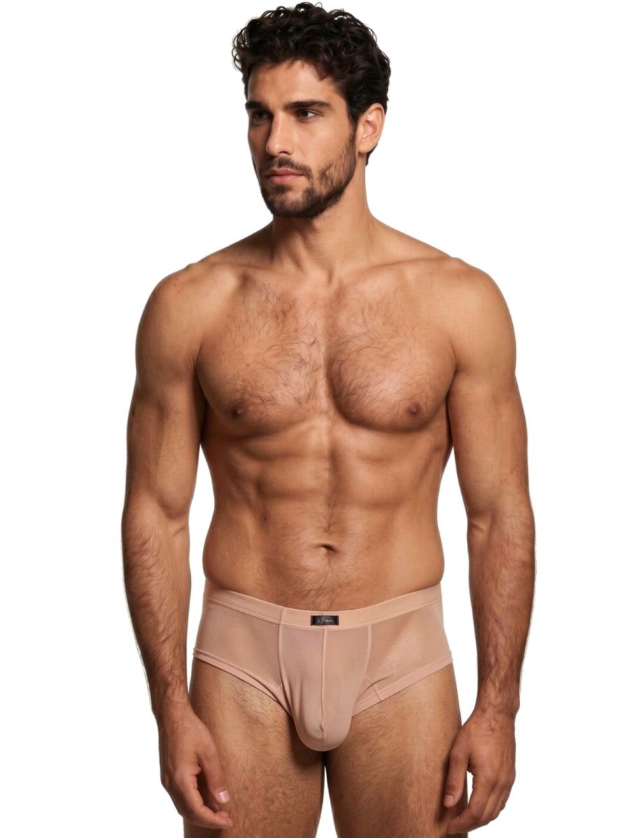 Xtremen beige sheer bikini brief with a form-fitting cut and branded waistband on a male model.