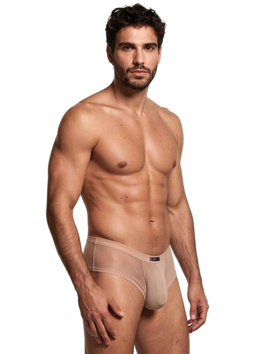 Xtremen beige sheer bikini brief with a fitted design and small logo patch on the waistband.