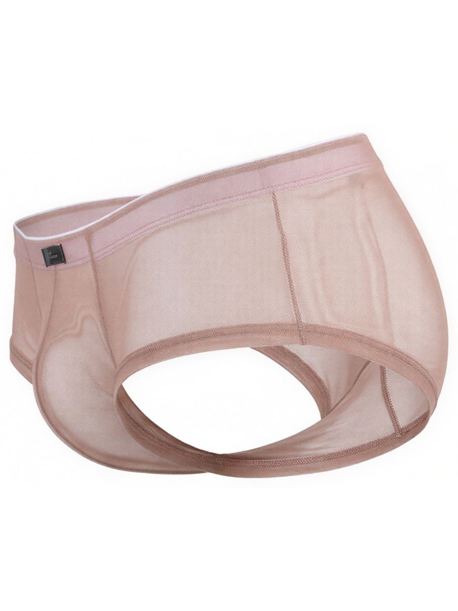 Xtremen beige sheer mesh brief with a tonal waistband and branded tab.