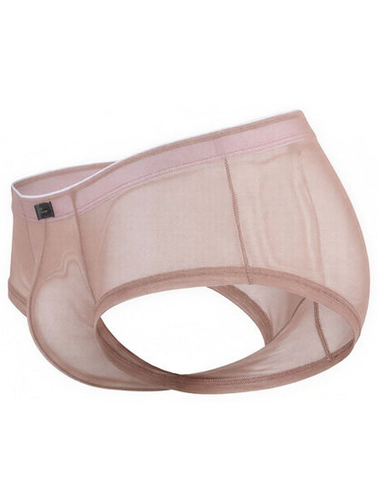 Xtremen beige sheer mesh brief with a tonal waistband and branded tab.