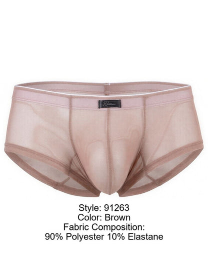 Xtremen men's brown sheer mesh brief with a contoured pouch and branded waistband.
