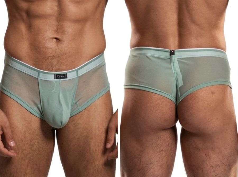 Xtremen sage green sheer mesh bikini briefs with a contrasting white waistband and center back seam.