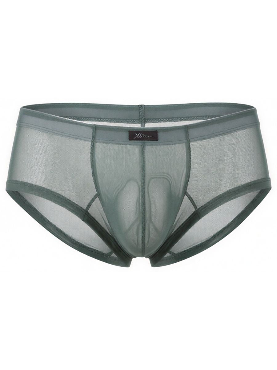 Xtremen sage green sheer mesh bikini brief with a contoured pouch and center front brand tag.