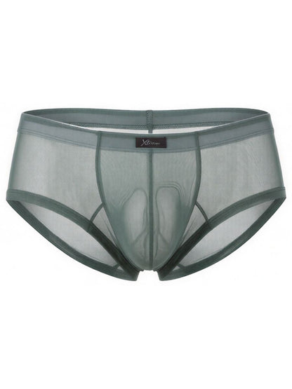 Xtremen sage green sheer mesh bikini brief with a contoured pouch and center front brand tag.