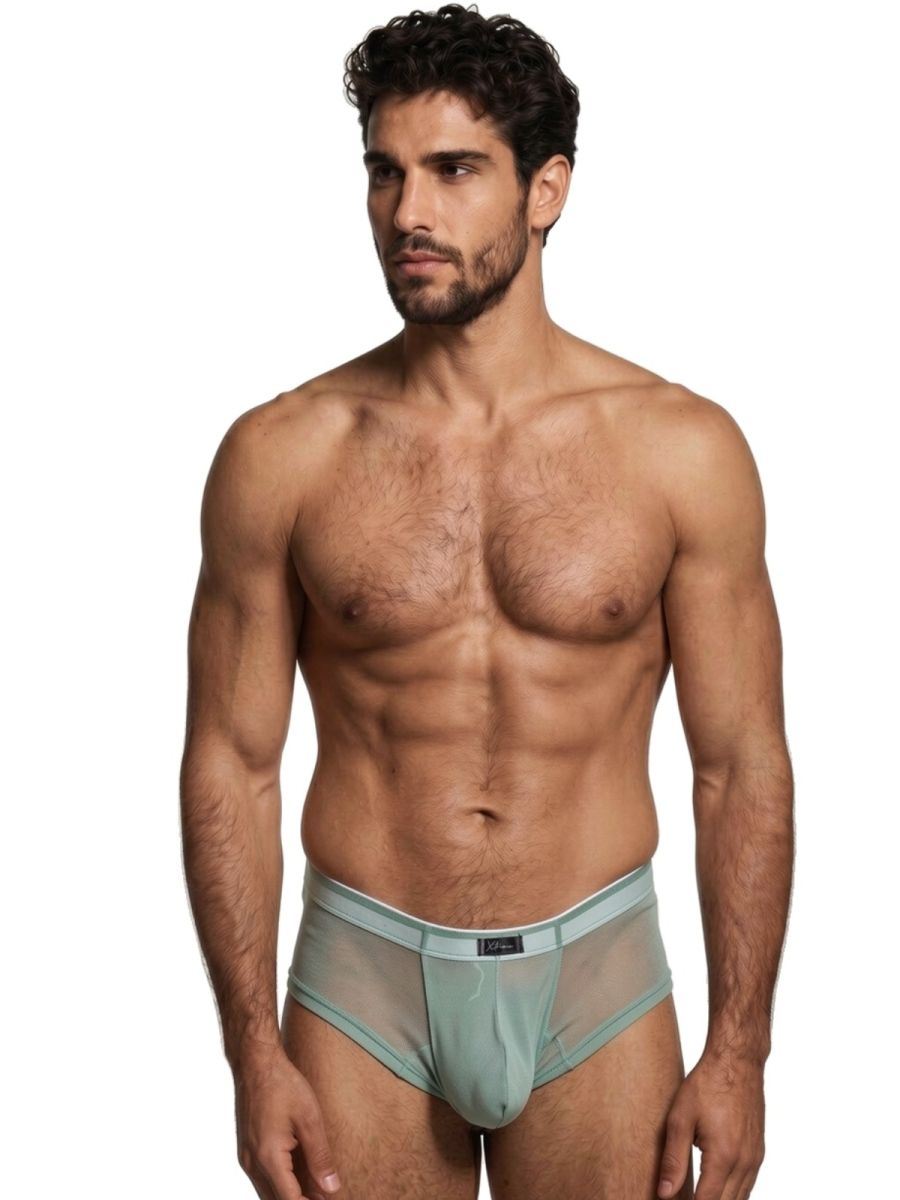 Xtremen sage green sheer bikini brief with a fitted design and branded waistband.