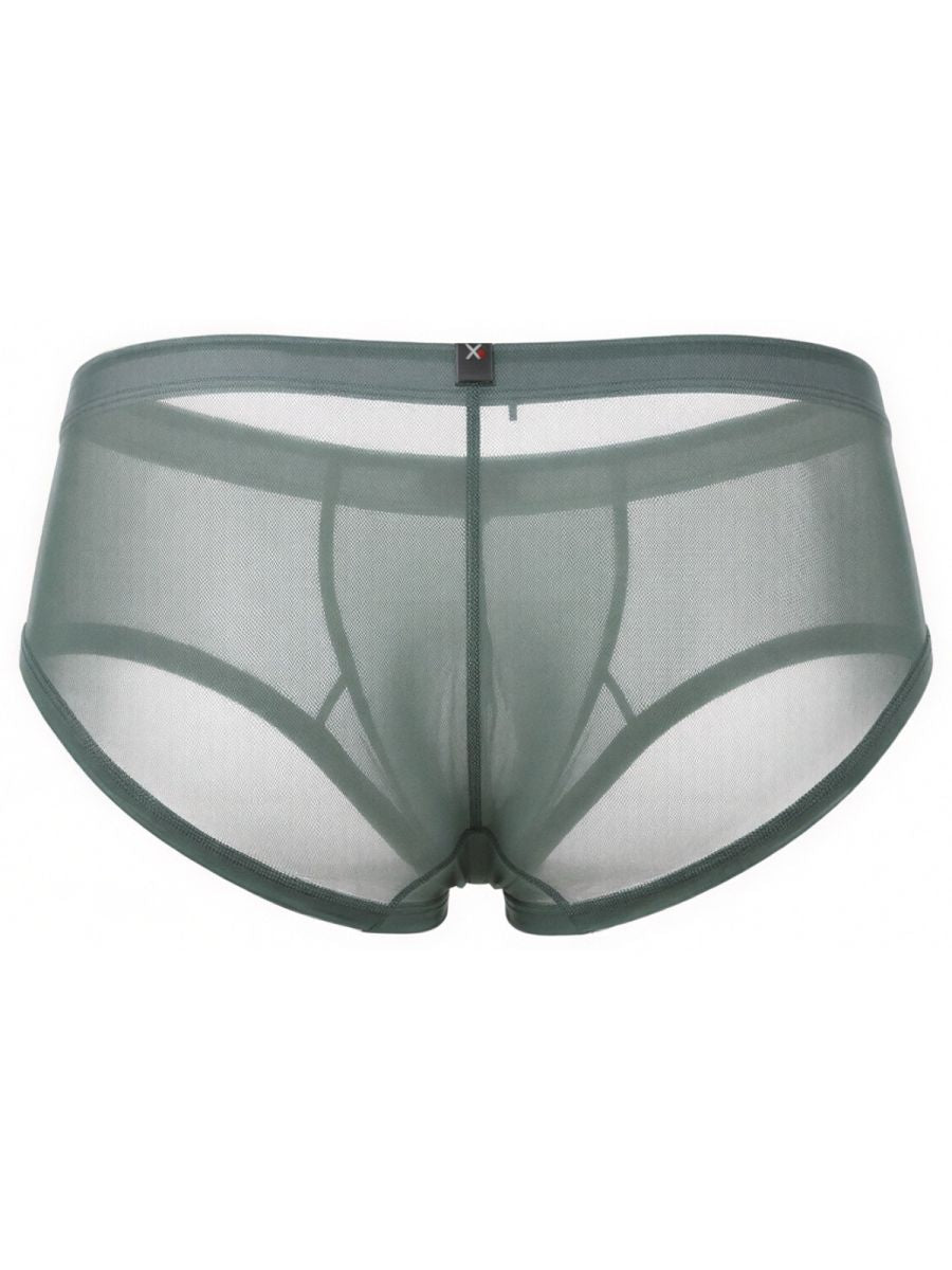 Xtremen sage green sheer mesh bikini brief with a slim waistband and logo tab.